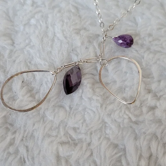 ITALY Sterling Silver Necklace Drop Pendant with Gemstones Amethyst 16.5" - Picture 7 of 8